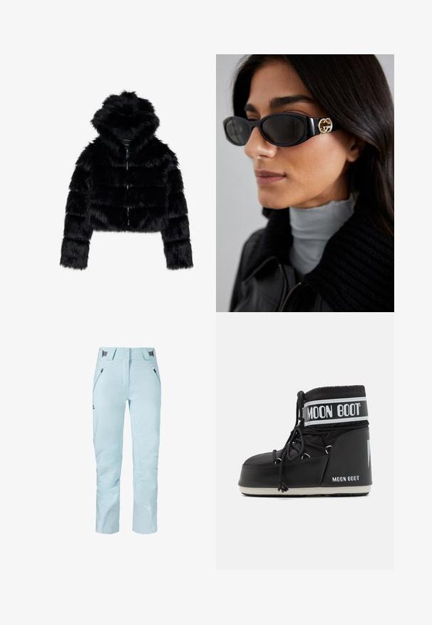 Schwarze Kunstfell-Bolerojacke mit Kapuze. Sie verfügt über einen Reißverschluss, eine weiche Textur und ein quer gestepptes Design.; Weißes, geripptes Tanktop mit rundem Halsausschnitt, ärmellosem Design und kurzer Länge. Das Etikett trägt die Aufschrift "JJXX". Glatte Stoffstruktur.; Schöffel WEISSACH - Skihose - blau; Schwarze Moon Boot mit gepolstertem Schaft, der mit Schnürsenkeln gesichert ist, und einem auffälligen weißen Band mit dem Logo. Dicke, strukturierte Gummisohle.; Schwarze Sonnenbrille mit einem schlanken rechteckigen Rahmen und einem goldenen Logo-Akzent an der Seite. Dunkle Gläser und glänzende Oberfläche sind auffällig.; Schwarze gesteppte Handtasche mit einem goldenen Kettenriemen, die einen auffälligen goldenen Verschluss und ein kleines Etikett aufweist, das eine strukturierte Lederoberfläche zeigt.