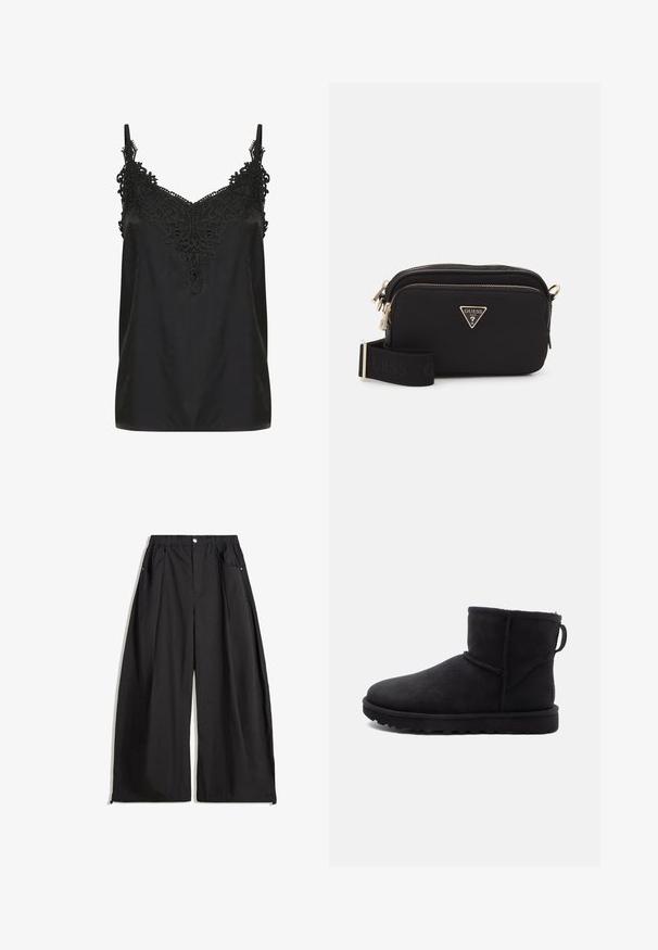 Černá umělá kožešinová zkrácená bunda s kapucí. Obsahuje zipové zapínání, měkkou texturu a vodorovný prošívaný design.; Černý top s výstřihem do V a jemnými krajkovými detaily kolem výstřihu. Obsahuje tenké ramínka a hladkou, lehkou tkaninu.; Černé kalhoty s širokými nohavicemi a vysokým pasem, s plizováním, vpředu na knoflík a se dvěma bočními kapsami. Vyrobené z tkaniny s texturovaným povrchem.; Černé semišové kotníkové boty s kulatou špičkou, s ovčí vlnou jako podšívkou a plochou gumovou podrážkou. Obsahují boční šev a poutko na zadní straně.; Černá nylonová taška přes rameno se zlatým trojúhelníkovým logem, zapínáním na zip a širokým nastavitelným popruhem se slovem "GUESS" v černé barvě.