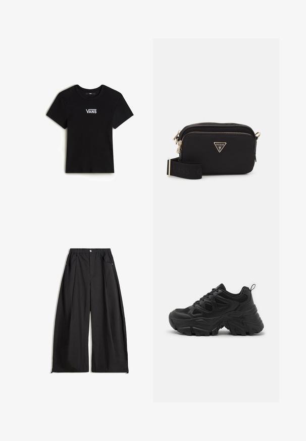 Musta tekoturkis lyhyt takki huppulla. Varustettu vetoketjulla, pehmeällä pinnalla ja vaakasuoralla tikatulla muotoilulla.; Vans CAMERON - T-paita - black; Musta leveälahkeinen housu korkean vyötärön kanssa, jossa on laskokset, etupainike ja kaksi sivutaskua. Valmistettu tekstiilistä, jossa on tekstuurinen pinta.; Mustat urheilukengät, joissa on teksturoitu verkkovarsi, kaareva kumipohja ja voimakas kuviointi. Varusteina integroitu nauhoitus ja vetotappi.; Mustakankainen nylonsuunnistuslaukkus, jossa on kultainen kolmiomainen logo, vetoketjukiinnitys ja leveä säädettävä olkahihna, jossa on musta teksti "GUESS".