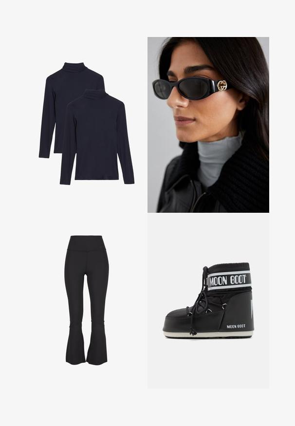 Černá umělá kožešinová zkrácená bunda s kapucí. Obsahuje zipové zapínání, měkkou texturu a vodorovný prošívaný design.; Marks & Spencer 2 PACK THERMAL HEATGEN - Tílko - black; Černé rozšířené legíny vyrobené z pružné, hladké tkaniny. Vysoký pas a rozparky na spodní části nohavic pro zvýšení designových detailů.; Černé Moon Boots s polstrovanou svrškem, upevněné tkaničkami a výrazným bílým pruhem s logem. Tlustá, texturovaná gumová podrážka.; Černé sluneční brýle s elegantním obdélníkovým rámem a zlatým logem na boční straně. Tmavé čočky a lesklý povrch jsou výrazné.; Černé pletené rukavice s ribovaným lemem, navržené se samostatnými otvory pro prsty pro plnou obratnost. Měkká textura a rovnoměrné švy.