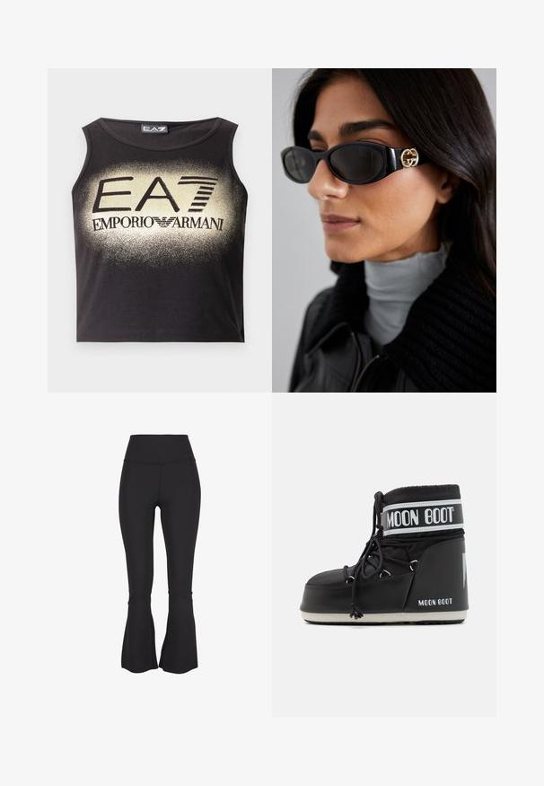 Jachetă din blană sintetică neagră, scurtă, cu glugă. Dispune de închidere cu fermoar, textură moale și design matlasat horizontal.; Top crop negru fără mâneci din bumbac neted, cu un logo în degrade auriu „EA7 EMPORIO ARMANI” afișat proeminent în centru.; Colanți negri evazați, realizați dintr-un material elastic și neted. Talie înaltă și fante la baza picioarelor pentru un detaliu de design suplimentar.; Cizmă neagră Moon Boot cu partea superioară căptușită, asigurată cu șireturi și o bandă albă distinctivă pe care se află logo-ul. Talpă groasă din cauciuc texturat.; Ochelari de soare negri, cu un cadru rectangular elegant și un accent cu logo auriu pe lateral. Lentile întunecate și finisaj lucios sunt proeminente.; Mănuși negre tricotate cu manșetă cu țesătură ribbing, concepute cu deschideri separate pentru degete pentru o dexteritate maximă. Textură moale și detalii de cusătură uniformă.