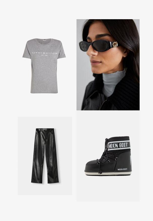 Černá umělá kožešinová zkrácená bunda s kapucí. Obsahuje zipové zapínání, měkkou texturu a vodorovný prošívaný design.; Šedé bavlněné tričko s krátkými rukávy a kulatým výstřihem, se štítkem "TOMMY HILFIGER EST. 1985" v bílé barvě přes hruď.; Černé kožené široké kalhoty s lesklou texturou, které mají dvě přední kapsy, zapínání na knoflík a viditelné švy.; Černé Moon Boots s polstrovanou svrškem, upevněné tkaničkami a výrazným bílým pruhem s logem. Tlustá, texturovaná gumová podrážka.; Černé sluneční brýle s elegantním obdélníkovým rámem a zlatým logem na boční straně. Tmavé čočky a lesklý povrch jsou výrazné.; Černá prošívaná kabelka se zlatým řetízkovým popruhem, s výraznou zlatou sponou a malou visačkou, která se pyšní texturovaným koženým povrchem.; Náušnice ve zlatém tónu ve tvaru uzlu s propleteným designem. Každá náušnice má kulatou průhlednou oporu pro bezpečné nošení.