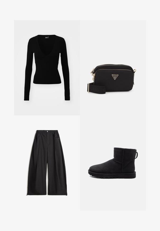 Čierna kabátik z falošnej kožušiny s kapucňou. Obsahuje zips, mäkkú textúru a horizontálny prešívaný dizajn.; Čierny dlhý rukáv top s hlbokým výstrihom do V, priliehavý strih, hladká textúra a zakrivený šev detail na poprsí.; Čierne široké nohavice s vysokým pásom, so záhybmi, predným zapínaním na gombík a dvomi bočnými vreckami. Vyrobené z látky s textúrovaným povrchom.; Čierne semišové členkové topánky s okrúhlym priehlbom, ovčou podšívkou a plochou gumovou podrážkou. Majú bočný šev a pútko na zadnej strane.; Čierna nylonová crossbody taška so zlatým trojuholníkovým logom, zipsom a širokým nastaviteľným popruhom s nápisom "GUESS" v čiernej farbe.