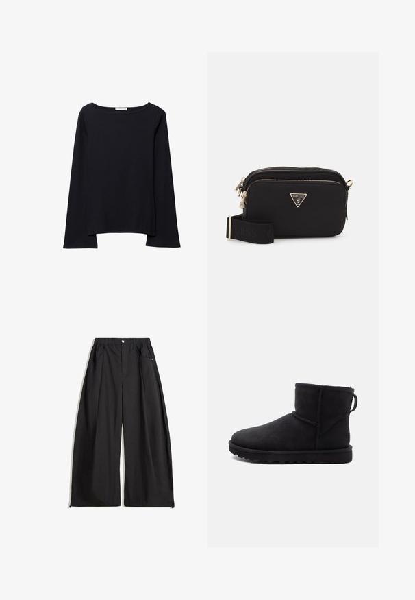 Schwarze Kunstfell-Bolerojacke mit Kapuze. Sie verfügt über einen Reißverschluss, eine weiche Textur und ein quer gestepptes Design.; Schwarz, langärmliges Oberteil aus weicher Baumwolle. Hat einen weit geschnittenen Halsausschnitt, eine lockere Passform und leicht ausgestellt Ärmel. Keine sichtbaren Muster oder Hardware.; Schwarze weite Hosen mit hoher Taille, ausgestattet mit Falten, einem Knopfverschluss vorne und zwei seitlichen Taschen. Hergestellt aus einem Stoff mit strukturiertem Finish.; Schwarze Wildleder-Stiefelette mit runder Zehenpartie, einem Schafsfellfutter und einer flachen Gummisohle. Mit einer Seitennaht und einem Ziehband an der Rückseite.; Schwarze Nylon-Crossbody-Tasche mit einem goldenen dreieckigen Logo, Reißverschluss und einem breiten verstellbaren Trageriemen, der das Wort "GUESS" in Schwarz trägt.