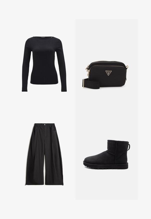 Schwarze Kunstfell-Bolerojacke mit Kapuze. Sie verfügt über einen Reißverschluss, eine weiche Textur und ein quer gestepptes Design.; Schwarzes langärmliges Top mit rundem Ausschnitt. Bietet ein enganliegendes Design und strukturierten Stoff, der eine figurbetonte Silhouette schafft.; Schwarze weite Hosen mit hoher Taille, ausgestattet mit Falten, einem Knopfverschluss vorne und zwei seitlichen Taschen. Hergestellt aus einem Stoff mit strukturiertem Finish.; Schwarze Wildleder-Stiefelette mit runder Zehenpartie, einem Schafsfellfutter und einer flachen Gummisohle. Mit einer Seitennaht und einem Ziehband an der Rückseite.; Schwarze Nylon-Crossbody-Tasche mit einem goldenen dreieckigen Logo, Reißverschluss und einem breiten verstellbaren Trageriemen, der das Wort "GUESS" in Schwarz trägt.