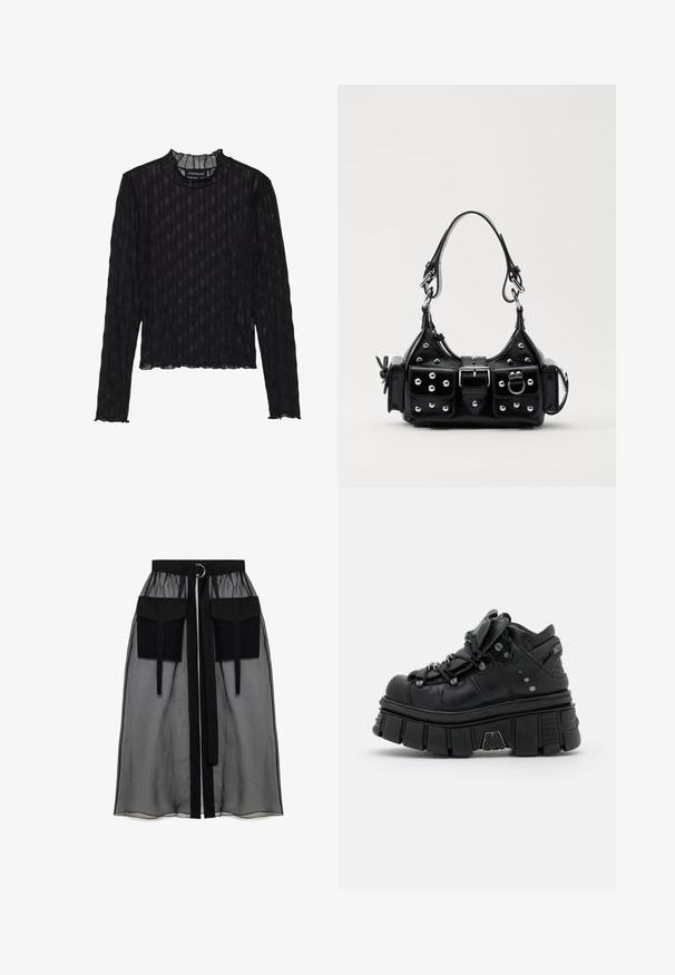 Sort faux fur cropped jakke med hætte. Har lynlåslukning, blød tekstur og horisontal quiltet design.; Sort langærmet top med en gennemsigtig ribbet tekstur, der har en flæset mock neck og en cropped helm.; Sort gennemsigtig nederdel med en rynket talje, der har to store forlommer, et taljebånd og en cirkulær metaldetalje.; Sorte chunky platform sneakers med rund tå, tekstureret læderoverdel, polstret tunge og metalliske accenter; tykt ridsede således design.; Sort læderhåndtaske med et buet design, prydet med sølvfarvede nitter, en spænde og to sidelommer. Justerbar rem til forskellige bære muligheder.