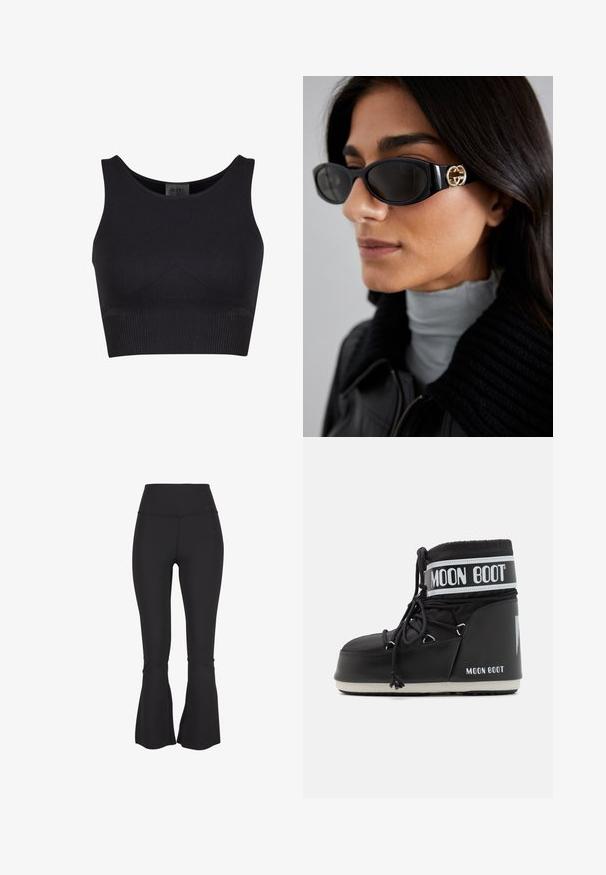 Black faux fur cropped jacket with a hood. Features a zip closure, soft texture, and horizontal quilted design.; Black ribbed crop top with a rounded neckline and wide shoulder straps. Features a fitted design and seamless edges for comfort.; Black flared leggings made from a stretchy, smooth fabric. High waistband and slits at the bottom of the legs feature for added design detail.; Black Moon Boot with a padded upper, secured by laces and a distinctive white band featuring the logo. Thick, textured rubber sole.; Black sunglasses featuring a sleek rectangular frame with a gold logo accent on the side. Dark lenses and glossy finish are prominent.