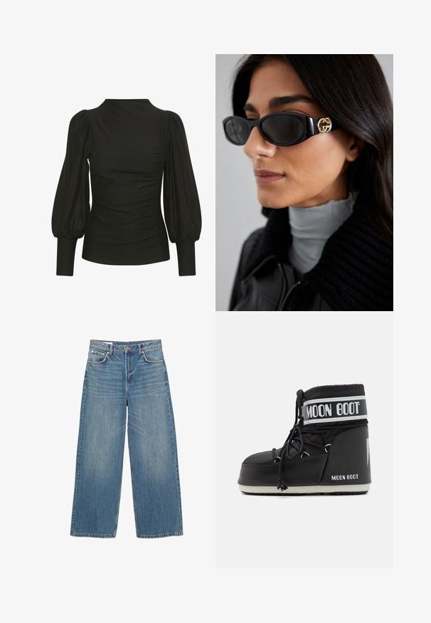 Musta tekoturkis lyhyt takki huppulla. Varustettu vetoketjulla, pehmeällä pinnalla ja vaakasuoralla tikatulla muotoilulla.; Mustat ylin, jossa on puffimaiseen hihoja, tyylikäs muotoilu, pehmeä kangas, sivurypytys ja istuvat hihansuut. Minimalistinen tyyli, ei näkyviä logoja.; Vaaleansiniset leveät farkut, jotka on valmistettu denimistä. Ominaisuuksiin kuuluu viisi taskua, nappisuljenta ja siisti helma. Haalistunut ympäriinsä tekstuurin vuoksi.; Musta Moon Boot, jossa on pehmustettu päällinen, joka on kiinnitetty nauhoilla ja jossa on erottuva valkoinen nauha, jossa on logo. Paksu, teksturoitu kumipohja.; Mustat aurinkolasit, joissa on tyylikäs suorakulmainen kehys ja kultainen logo-akkentti sivussa. Tumma linssit ja kiiltävä pinta ovat huomattavissa.