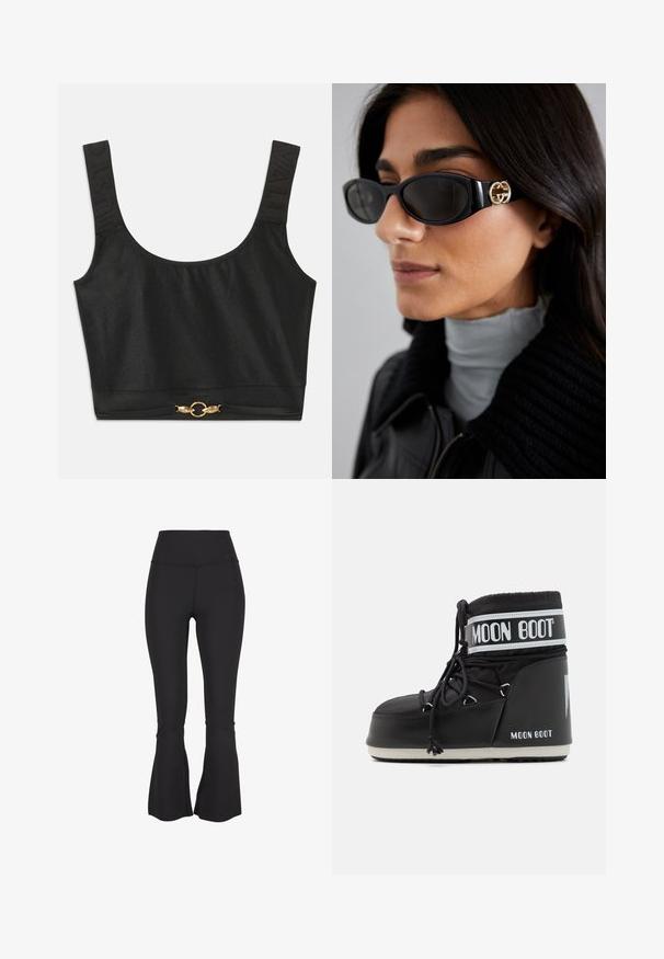 Schwarze Kunstfell-Bolerojacke mit Kapuze. Sie verfügt über einen Reißverschluss, eine weiche Textur und ein quer gestepptes Design.; Schwarzes Cropped Top mit breiten Trägern; strukturierte Träger mit eingeprägtem "JUST"; verfügt über goldfarbene, kreisförmige Hardware am Saum.; Schwarze, ausgestellte Leggings aus einem elastischen, glatten Stoff. Hoher Bund und Schlitz am Beinabschluss sorgen für zusätzliche Designelemente.; Schwarze Moon Boot mit gepolstertem Schaft, der mit Schnürsenkeln gesichert ist, und einem auffälligen weißen Band mit dem Logo. Dicke, strukturierte Gummisohle.; Schwarze Sonnenbrille mit einem schlanken rechteckigen Rahmen und einem goldenen Logo-Akzent an der Seite. Dunkle Gläser und glänzende Oberfläche sind auffällig.