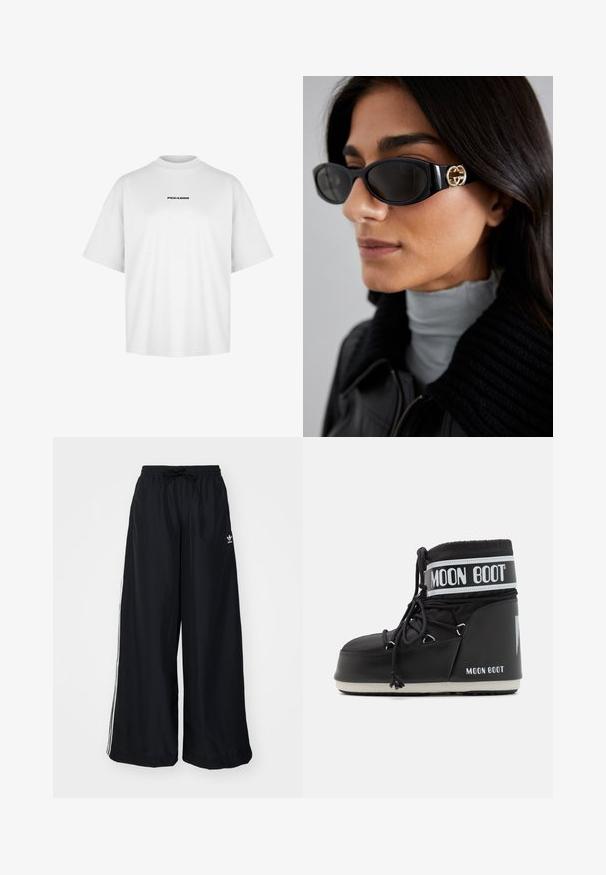 Črna umetna krznena kratka jakna s kapuco. Ima zadrgo, mehak tekstur in vodoravni prešiti dizajn.; Bela bomba iz bombaškega bomba z visokim kroječkim vratom in kratkimi rokavi. Na sredini prsnega dela je v črni barvi natisnjena beseda "PEGADOR".; Črne široke hlače iz lahkega blaga. Imajo elastičen pas z vrvico in bele stranske črte. Logotip blagovne znamke na boku.; Črne Moon Boot z oblazinjenim zgornjim delom, pritrjenim z vezalkami in značilnim belim trakom, ki nosi logotip. Debel, strukturiran gumijast podplat.; Črne sončne očala z elegantnim pravokotnim okvirjem in zlatim logotipom na strani. Temna stekla in sijajna površina sta izrazita.; Even&Odd Torba za nakupovanje - black