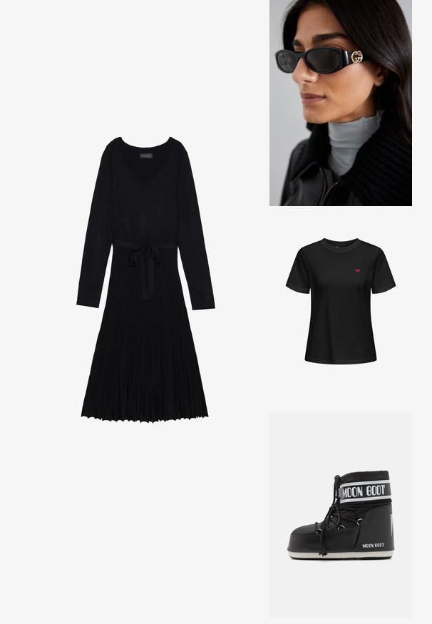 Černá umělá kožešinová zkrácená bunda s kapucí. Obsahuje zipové zapínání, měkkou texturu a vodorovný prošívaný design.; Černé bavlněné tričko s kulatým výstřihem, krátkými rukávy a malým vyšitým červeným srdcem na levé straně hrudi.; Černé šaty s dlouhými rukávy, výstřihem ve tvaru lodi a designem s páskem v pase. Mají žebrovanou texturu a splývavou, plisovanou sukni.; Černé Moon Boots s polstrovanou svrškem, upevněné tkaničkami a výrazným bílým pruhem s logem. Tlustá, texturovaná gumová podrážka.; Černé sluneční brýle s elegantním obdélníkovým rámem a zlatým logem na boční straně. Tmavé čočky a lesklý povrch jsou výrazné.; Černá ramenní taška vyrobená z hladkého materiálu, s oválným tvarem, zlatým zipem a zlatým vyraženým logem na přední straně.