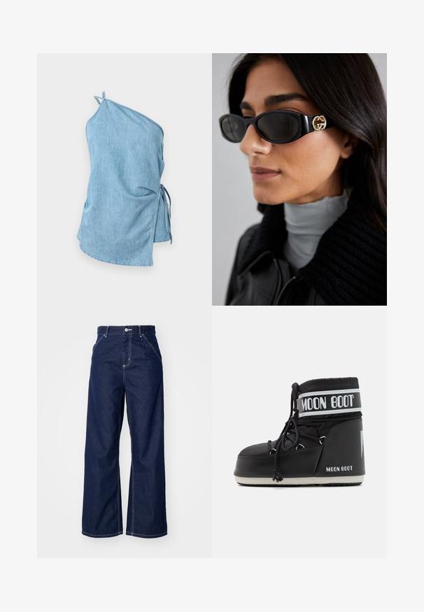 Juodasis dirbtinio kailio trumpas švarkas su kapišonu. Su užtrauktuku, minkšta tekstūra ir horizontaliu siuvinėjimo dizainu.; Šviesiai mėlyni džinsiniai marškiniai su asimetrišku dizainu. Yra susiraukšlėjusi šoninė dalis su raišteliais ir vienas petnešos dirželis, užtikrinantis tvirtą prigludimą.; Plati kojinės džinsai tamsiai mėlyno džinsinio audinio, su aukštu liemeniu, kontrastingais baltais siūlais ir tradicine penkių kišenių dizainu.; Juodas mėnulio botas su paminkštintu viršumi, užsegamas raišteliais ir išskirtine balta juosta su logotipu. Storas, tekstūruotas guminis padas.; Juodos saulės akinius, turinčius elegantišką stačiakampį rėmą su auksiniu logotipo akcentu šone. Tamsūs lęšiai ir blizgus paviršius išsiskiria.; Juoda siuvinėta rankinė su auksiniu grandinės dirželiu, turinti išskirtinę auksinę sagtį ir mažą etiketę, pabrėžianti tekstūruotą odos paviršių.