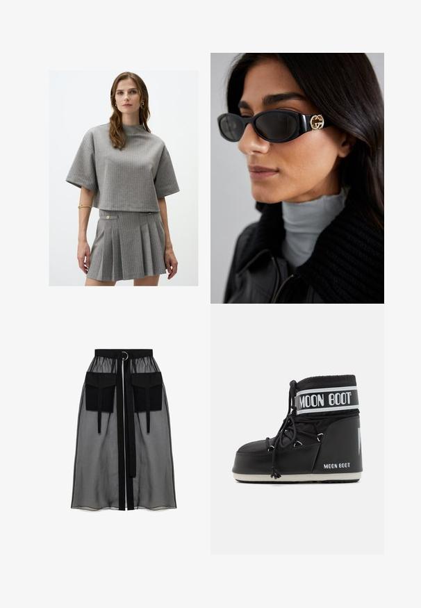 Zwarte nep-bonten cropped jack met een capuchon. Voorzien van een ritsluiting, een zachte textuur en een horizontaal gestikt design.; Vrouw in een bijpassende grijs gestreepte top met korte mouwen en een geplooide rok, accessorized met gouden creolen en een gouden armband.; Zwarte doorschijnende rok met een verzameld tailleband, voorzien van twee grote voorzakken, een tailleband met strik en een ronde metalen accent.; Zwarte Moon Boot met een gevoerde bovenkant, bevestigd met veters en een kenmerkende witte band met het logo. Dikke, gestructureerde rubberen zool.; Zwarte zonnebril met een stijlvolle rechthoekige montuur en een gouden logo-accent aan de zijkant. Donkere lenzen en een glanzende afwerking zijn opvallend.