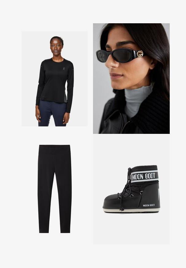 Giacca corta in finta pelliccia nera con cappuccio. Caratterizzata da una chiusura con zip, una texture morbida e un design a righe orizzontali.; Maglietta sportiva nera a maniche lunghe con etichetta in tessuto "DRYTEC™." Presenta un collo rotondo, una superficie morbida e un logo sul lato sinistro del petto e sulla manica.; Leggings neri con una vita alta e elastica. Realizzati in un materiale liscio e elasticizzato, progettati per una silhouette aderente e senza motivi visibili.; Stivale Moon Boot nero con tomaia imbottita, fissata da lacci e una distintiva fascia bianca con il logo. Suola in gomma spessa e texture.; Occhiali da sole neri con una montatura rettangolare elegante e un accento del logo dorato sul lato. Le lenti scure e la finitura lucida sono evidenti.