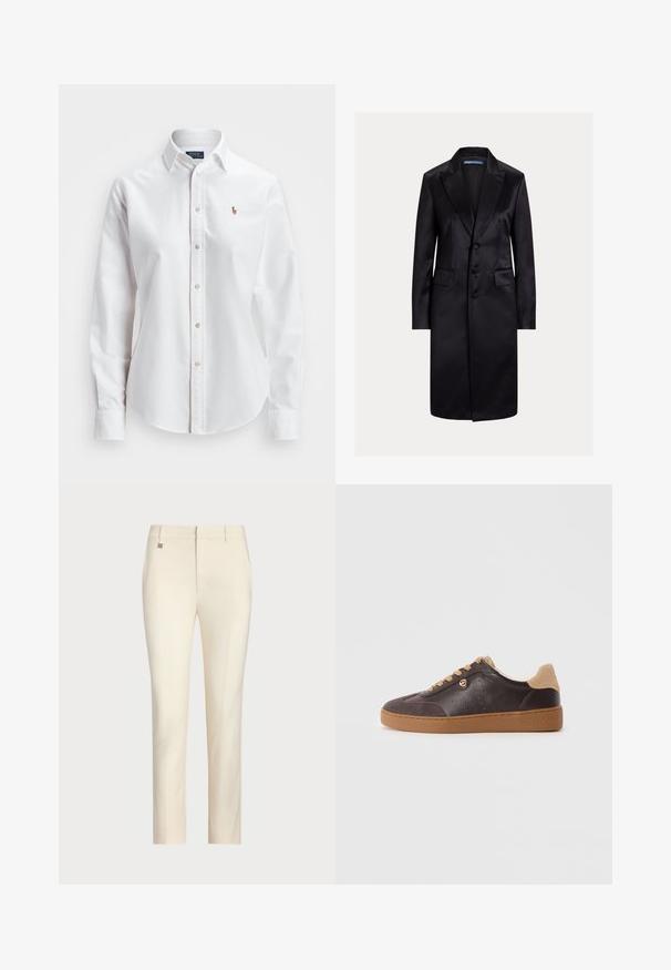 Svart satänglång kappa med notchad krage, enkelknäppt design, tre knappar och sidofickor. Mjuk textur och skräddarsydd passform.; Vit långärmad skjorta med knappar, gjord av bomull, med en klassisk krage och en liten broderad logotyp på bröstet.; Krämfärgade skräddarsydda byxor med rak benform, som har en slät yta, framfickor och en subtil metallisk detalj på midjan.; Mörkbruna läder- och mockaskor med bruna snören och sula, guldfärgad logoprydnad, och "Michael Kors" präglat på sulan.