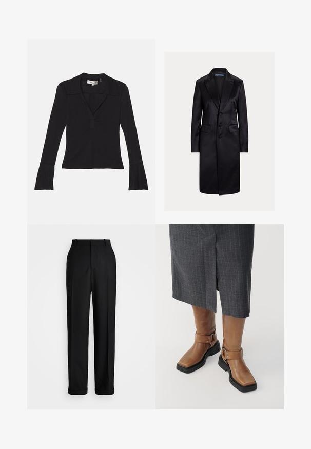 Melns satīna garais mētelis ar iedobtu atloku, vienrindu piegriezumu, trīs pogām un sānu kabatām. Gluda tekstūra un piegriezuma piemērotība.; Diane von Furstenberg MACKENZIE - Tops ar garām piedurknēm - black; Polo Ralph Lauren HIGH RISE RELAXED STRAIGHT TROUSER - Auduma bikses - black; Brūni ādas līdz ceļiem zābaki ar kvadrātu purngalu, melnu gumijas zoli un regulējamu sprādzes detaļu. Kombinēti ar pelēku strīpainu svārku.