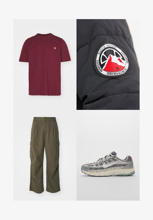 Black puffy jacket sleeve featuring a round embroidered patch with mountain graphics in red and white, and the text "CERVINIA ALPINE SKI."; Brown sweatshirt with a v-neck design, long raglan sleeves, and ribbed cuffs. Features a subtle embroidered logo at the chest. Smooth texture.; Carhartt WIP AMERICAN SCRIPT - Basic T-shirt - malbec; Cargo pants in olive green, made of cotton, with a wide leg design, pleats, and side pockets for utility.; Gray athletic shoe featuring a mesh and suede upper, white accents, a cushioned sole, and a distinctive design with reflective elements.