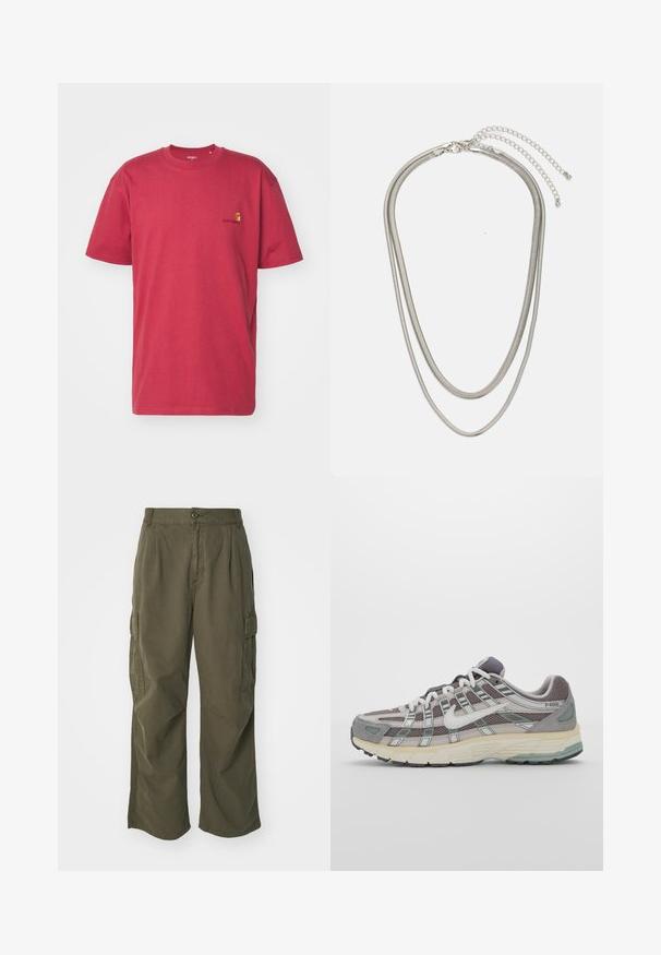 Zwarte gewatteerde jas met mouw waarop een ronde geborduurde patch is aangebracht met bergafbeeldingen in rood en wit, en de tekst "CERVINIA ALPINE SKI."; Bruine sweatshirt met een v-halsontwerp, lange raglanmouwen en geribde boorden. Heeft een subtiel geborduurd logo op de borst. Soepele textuur.; Carhartt WIP AMERICAN SCRIPT - T-shirt basic - tuscany; Cargo broek in olijfgroen, gemaakt van katoen, met een wijd broekontwerp, plooien en zijzakken voor utility.; Grijze sportieve schoen met een bovenwerk van mesh en suede, witte accenten, een gevoerde zool en een onderscheidend ontwerp met reflecterende elementen.; Driedelige zilveren metalen halsketting met slanke, flexibele kettingen met een lichte glans, beveiligd met een karabijnhaak en een verstelbare ketting.