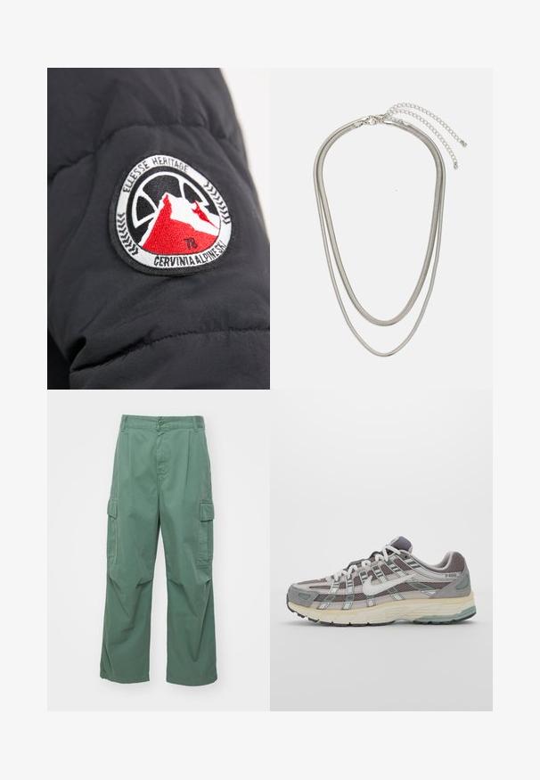 Ärmel einer schwarzen, gesteppte Jacke mit einem runden, bestickten Aufnäher, der Bergmotive in Rot und Weiß zeigt und den Text "CERVINIA ALPINE SKI" trägt.; Brauner Pullover mit V-Ausschnitt, langen Raglanärmeln und gerippten Bündchen. Verfügt über ein dezentes gesticktes Logo auf der Brust. Angenehme, glatte Textur.; Grüne Cargo-Hosen aus Baumwolle, mit lockerer Passform, weitem Bein und seitlichen Taschen. Der Stoff hat eine glatte Textur ohne Muster.; Grauer Sportschuh mit einem Obermaterial aus Mesh und Wildleder, weißen Akzenten, einer gepolsterten Sohle und einem charakteristischen Design mit reflektierenden Elementen.; Dreischichtige Halskette aus Silbermetall mit schlanken, flexiblen Ketten mit leichtem Glanz, gesichert mit einem Karabinerverschluss und verstellbarer Kette.