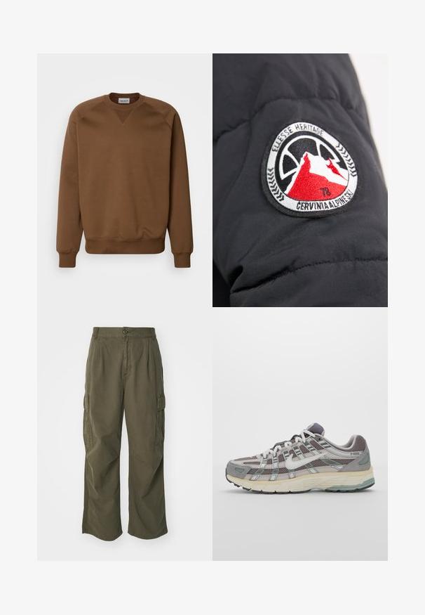 Manica di giacca imbottita nera con una toppa rotonda ricamata raffigurante monti in rosso e bianco, con la scritta "CERVINIA ALPINE SKI."; Carhartt WIP CHASE - Felpa - chocolate/gold; Pantaloni cargo in verde oliva, realizzati in cotone, con un design a gamba larga, pieghe e tasche laterali per utilità.; Scarpa sportiva grigia con tomaia in mesh e suede, dettagli bianchi, suola ammortizzata e un design distintivo con elementi riflettenti.
