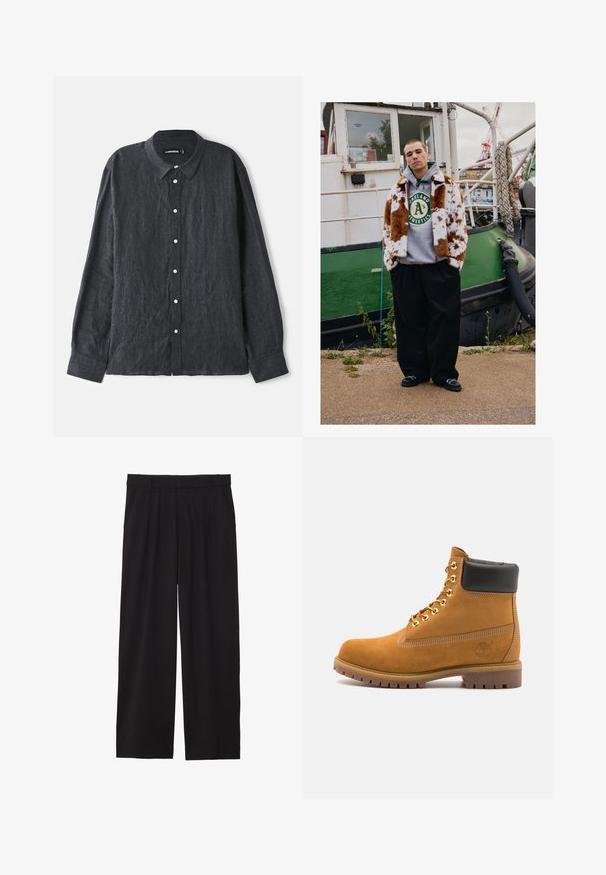 Un tânăr îmbrăcat cu o haină de blană maro cu pete albe deasupra unui hanorac Oakland Athletics stă pe malul apei lângă o barcă verde.; Cămașă cu mânecă lungă din in gri închis, cu guler tip butonat, având un plasament frontal cu nasturi albi și o croială lejeră.; Pantaloni negri largi, cu un front plisat, buzunare laterale și o textură de țesătură netedă. Concepuți pentru o croială relaxată.; Cizmă de gleznă din întoarsă de culoare bej, cu guler negru căptușit, ochiuri din metal auriu, detalii de cusătură albă și talpă din cauciuc robustă, cu un model pronunțat.