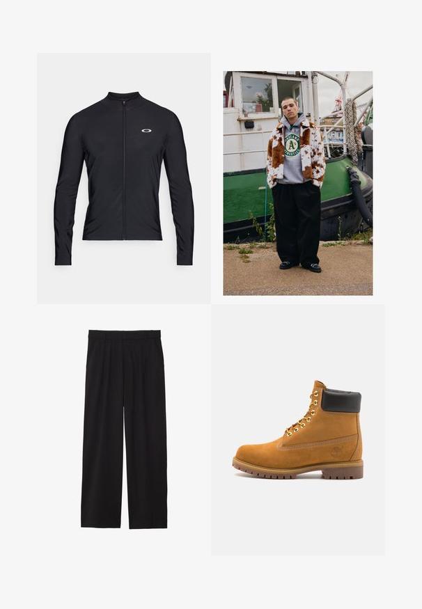 Jovem vestido com um casaco de pele castanho e branco com manchas por cima de um capuz dos Oakland Athletics, está à beira-mar, perto de um barco verde.; Camisa preta de manga longa com fecho éclair, feita de tecido leve; apresenta um colarinho redondo e um pequeno logotipo impresso no lado superior esquerdo.; Calças largas pretas com pregas na frente, bolsos laterais e uma textura de tecido suave. Projetadas para um ajuste confortável.; Botim de tornozelo em camurça bege com colarinho acolchoado preto, ilhós de metal dourado, detalhes de costura branca e sola de borracha robusta com sulcos pronunciados.