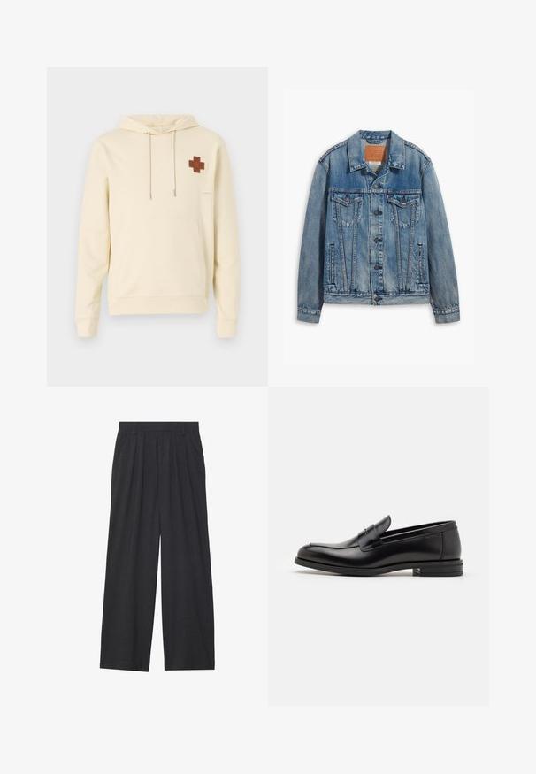 Gai zila denim jaka ar klasisku dizainu, pogu aizdari, divām krūšu kabatām un ādas zīmola uzlīmi pie apkakles.; Bežs kapuce džemperis ar priekšējo kabatu, ar brūnu krustu uzplecu kreisajā pusē un pelēkiem akcentiem labajā piedurknē.; Platas piegriezuma bikses no tumši pelēka auduma. Iezīmes - izgriezumi jostasvietā, veidota forma un taisna silueta.; Melnas ādas kurpes ar gludu tekstūru, noapaļu purngalu un dekoratīvu siksniņu pāri priekšpusei. Zems sakrauts papēdis, minimālisma dizains.