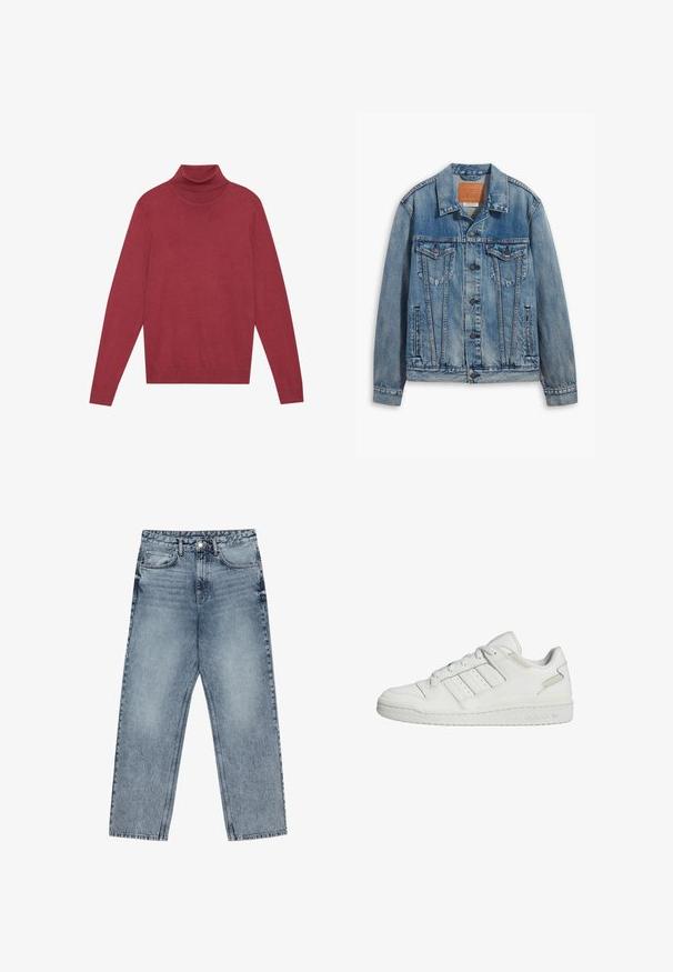 Svetlo modra jeans jakna, ki se ponaša s klasičnim dizajnom, gumbom za zapiranje, dvema žepoma na prsih in usnjenim logotipom na ovratniku.; Rdeča turtleneck pulover iz mehkega pletenega materiala. Ima dolge rokave in prilegajoč kroj. Gladek material brez vidnih vzorcev ali dodatkov.; Svijetloplave traperice s ravnim krojem, vidljivim šavovima, dizajnom od pet džepova i kopčanjem na gumbu u struku.; Beli nizki superge Adidas s tremi črtami ob strani, zavezovanjem in oblazinjenim podplatom.