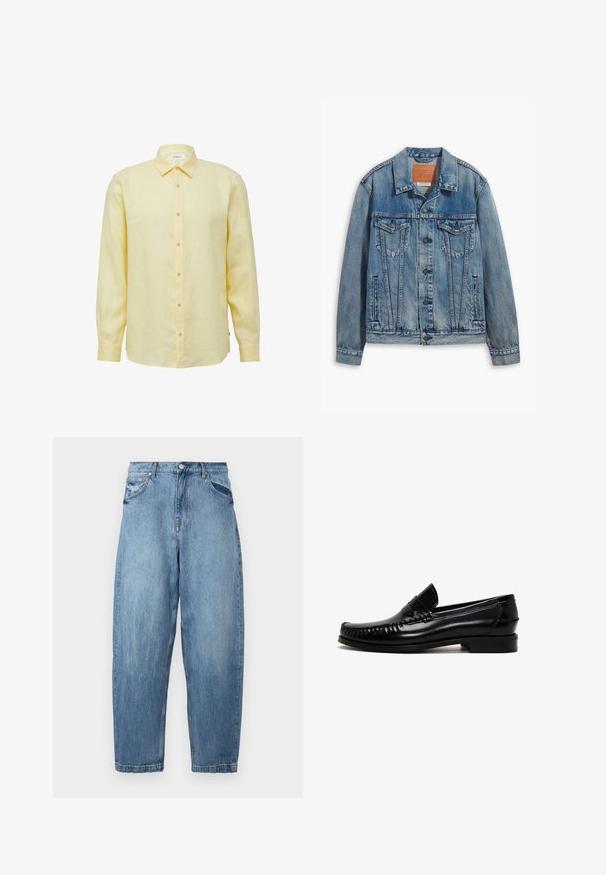 Jasnoniebieska kurtka dżinsowa o klasycznym fasonie, z zapięciem na guziki, dwoma kieszeniami na piersi oraz skórzaną naszywką marki przy kołnierzu.; Koszula z długim rękawem w kolorze żółtym, wykonana z lnu, z zapinaniem na guziki z przodu, spiczastym kołnierzykiem i jasnobrązowymi guzikami. Charakteryzuje się gładką fakturą i luźnym krojem.; Oliwkowy, długi rękaw, polo sweter z żebrowanym teksturą, z dekoltem w serek i złożonym kołnierzykiem. Prosty, prosty krój.; Jasnoniebieskie dżinsy o luźnym kroju, z pięcioma kieszeniami i przetartą teksturą. Pasek w talii z zapięciem na guzik i zamek błyskawiczny.; Czarne skórzane mokasyny z zaokrąglonym czubkiem, przeszyciem wzdłuż krawędzi i niskim, blokowym obcasem. Gładka faktura i minimalistyczny design.