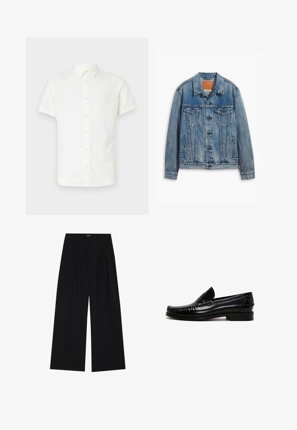 Lichtblauwe denimjack met een klassiek ontwerp, knoopsluiting, twee borstzakken en een leren merkpatch op de kraag.; Korte mouwen witte overhemden gemaakt van lichtgewicht stof, met een klassieke kraag en een zachte, gladde textuur met lichtbruine knopen.; YOURTURN UNISEX - Broek - black; Zwarte leren loafers met een ronde neus, gestikte details langs de randen en een lage blokhak. Gladde textuur en minimalistisch ontwerp.