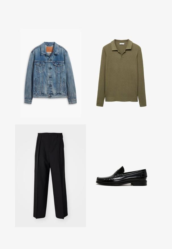 Veste en denim bleu clair au design classique, avec fermeture à boutons, deux poches poitrine et un patch en cuir de la marque au col.; Pull polo à manches longues vert olive avec texture côtelée, décolleté en V et col rabattu. Design simple et droit.; Pantalons plissés noirs avec un design droit et large. Fabriqués en tissu lisse, avec une fermeture à bouton et des passants de ceinture.; Mocassins en cuir noir avec un bout rond, des détails cousus le long des bords et un petit talon carré. Texture lisse et design minimaliste.