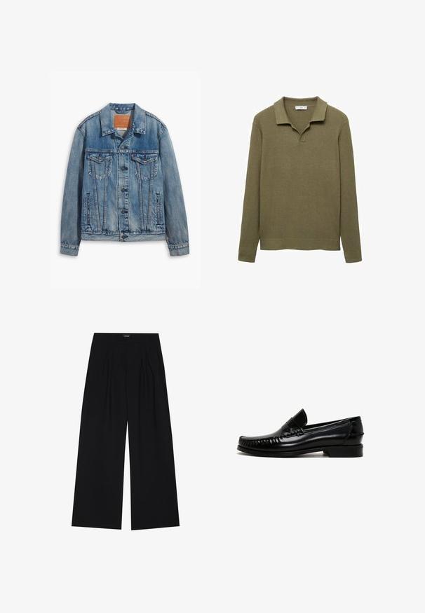Jasnoniebieska kurtka dżinsowa o klasycznym fasonie, z zapięciem na guziki, dwoma kieszeniami na piersi oraz skórzaną naszywką marki przy kołnierzu.; Oliwkowy, długi rękaw, polo sweter z żebrowanym teksturą, z dekoltem w serek i złożonym kołnierzykiem. Prosty, prosty krój.; YOURTURN UNISEX czarny; Czarne skórzane mokasyny z zaokrąglonym czubkiem, przeszyciem wzdłuż krawędzi i niskim, blokowym obcasem. Gładka faktura i minimalistyczny design.