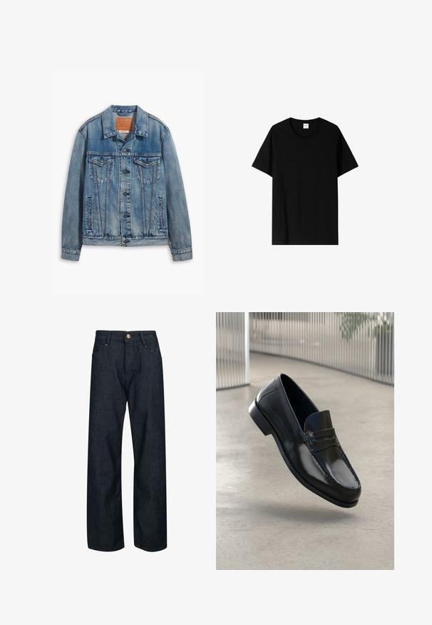 Svetlo modra jeans jakna, ki se ponaša s klasičnim dizajnom, gumbom za zapiranje, dvema žepoma na prsih in usnjenim logotipom na ovratniku.; Črna bombažna majica s kratkimi rokavi, okroglo ovratnikom in enostavnim dizajnom. Brez vzorcev ali dodatkov.; Temno modri traper hlače s ravnim krojem, z gumbom za zapiranje, petimi žepi in kontrastnim šivanjem na šivih.; Črni usnjeni loaferji z gladkim zaključkom, zaobljenim prstiščem, dekorativnim šivanjem in rahlo dvignjeno podplato.