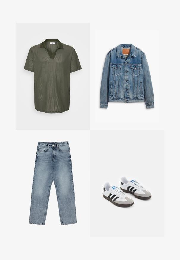 Helle blaue Jeansjacke mit klassischem Design, Knopfverschluss, zwei Brusttaschen und einem Leder-Logo-Patch am Kragen.; Olivgrünes Polohemd mit kurzen Ärmeln, gerippter Textur, V-Ausschnitt und kontrastierendem Kragen-Design. Leichter Stoff mit lässiger Passform.; Hellblaue Jeans aus Denim mit geradem Schnitt, sichtbaren Nähten, fünf Taschen-Design und einem Knopfverschluss an der Taille.; Sportschuhe mit einem Obermaterial aus weißem Leder, grauer Wildleder-Zehenkappe und drei schwarzen Streifen. Sie verfügen über ein blaues Logo auf der Zunge und eine strukturierte Gummisohle.