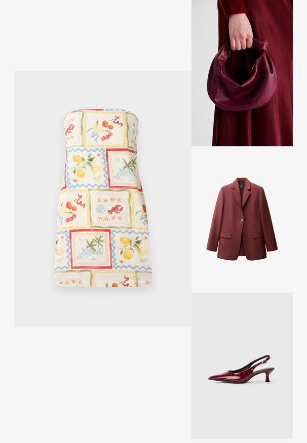 Burgundy blazer with a notched lapel, single button closure, and two front pockets. Made from a smooth, structured fabric.; Strapless dress in light fabric featuring a colorful patchwork of fruit and coastal scenes, with scalloped borders and a pastel color palette.; Burgundy patent leather slingback heels with a pointed toe and a sleek stiletto heel. Open back design with adjustable ankle strap detail.; Burgundy leather handbag with a soft, gathered design and a rounded shape. The handle is secured, showcasing a smooth texture.