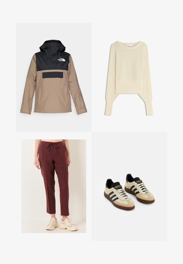 Beige en zwarte waterdichte jas met een capuchon, een voorzak en elastische manchetten; heeft een logo op de borst en een slank ontwerp.; Lichtbeige cropped sweater, gemaakt van een zachte brei stof, heeft een ruime halslijn, drop shoulders en ribgebreide manchetten en zoom.; Bordeaux linnen broek met een elastische taille, rechte pijpen en een subtiele textuur, gecombineerd met beige chunky sneakers.; Beige suède sportschoenen met zwarte leren accenten, witte veters en een bruine rubberen zool. Drie zwarte strepen aan elke kant.