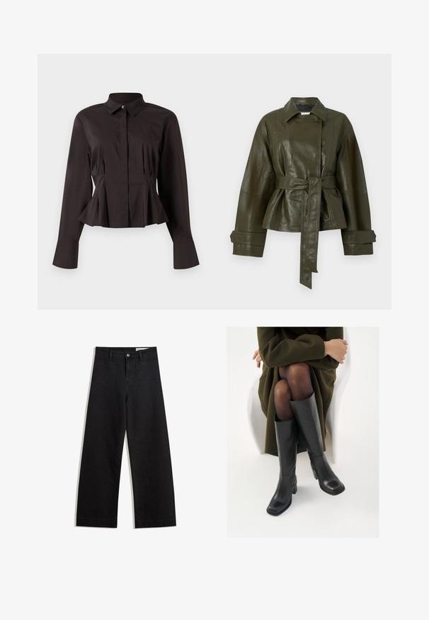 Jachetă din piele verde măslinie cu talie reglabilă, mâneci largi și guler clasic. Aceasta are o textură netedă, lucioasă și un design ajustat.; Bluză feminină neagră cu mâneci lungi, guler ascuțit, nasturi ascunși în față, talie ajustată și tiv și manșete evazate.; Pantaloni din denim negri cu picioare largi, cu talie înaltă, având buzunare frontale și posterioare, cusături dublate și închidere cu nasture. Textură netedă.; Cizme din piele neagră, până la genunchi, cu vârf pătrat și toc bloc, prezentate pe un model așezat într-o haină verde măsline. Textură netedă, detalii minime.