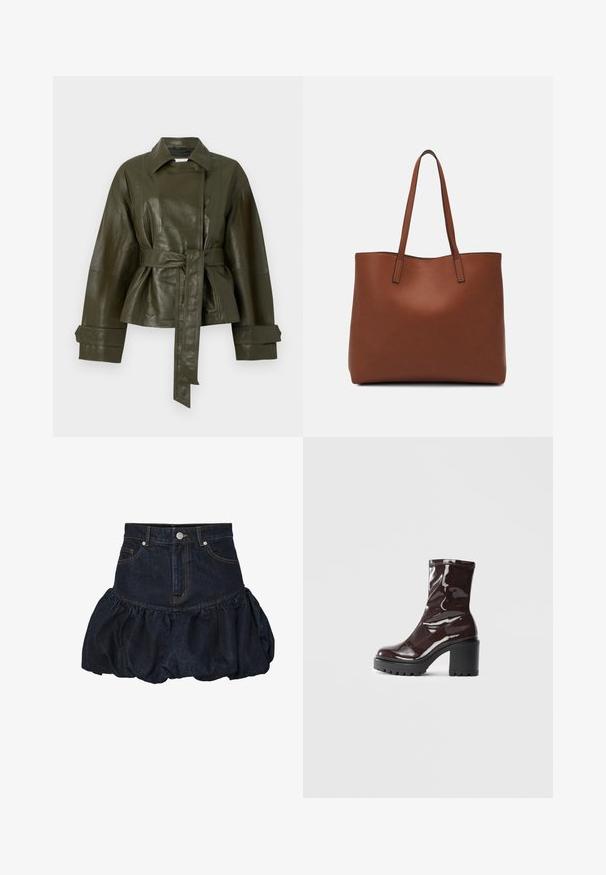 Olíva zöld bőrkabát övvel a derékon, széles ujjak és klasszikus gallér. Simára csiszolt, fényes textúrája van, és igényes tervezése.; Barna, hosszú ujjú bordázott felső, kerek nyakkivágással. Simább, rugalmas anyagból készült, illeszkedő fazonú és minimális részletezéssel.; Sötét farmer szoknya, amelynek szűk dereka van és fodros, puffos alja. Elöl zsebekkel és fémből készült gombos záródással rendelkezik.; Fényes bordó bokacsizma vastag fekete sarokkal, sima felülettel és egyszerű dizájnnal. Nincsenek látható zárak vagy minták.; Barna bőr vászontáska sima textúrával, nyitott tetejű dizájnnal és két vállpánttal. Minimális varrással és látható hardver nélkül készült.