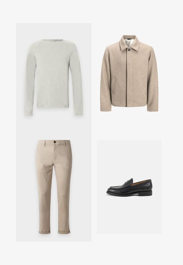Beige wool jacket with a single black button at the collar, concealed front closure, and slanted side pockets, lined with light fabric.; Light gray long-sleeve shirt with a round neck, textured fabric, and raglan sleeves. Simple design, no visible logos or patterns.; Jack & Jones JPSTMARCO FURY - Chinos - atmosphere; Black leather loafers with a smooth finish, rounded toe, and decorative stitching on the vamp. Low stacked heel and slight shine.