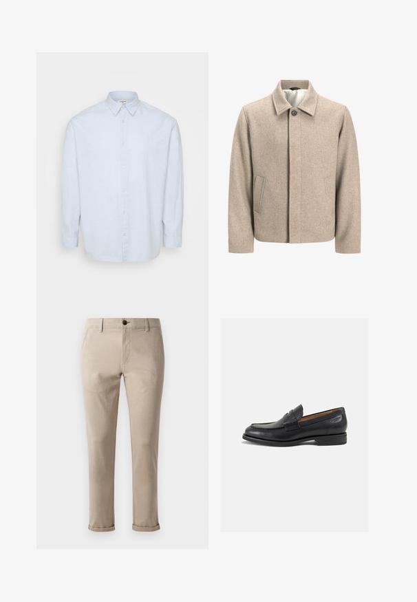 Giacca di lana beige con un singolo bottone nero al colletto, chiusura frontale nascosta e tasche laterali inclinate, foderata con tessuto leggero.; Camicia azzurra a maniche lunghe con bottoni, realizzata in un tessuto morbido, caratterizzata da un colletto classico e un taglio dritto con bottoni sul fronte.; Jack & Jones JPSTMARCO FURY - Chino - atmosphere; Mocassini in pelle nera con finitura liscia, punta arrotondata e cuciture decorative sulla tomaia. Tacco basso impilato e leggero lucido.