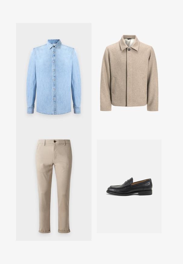 Bezs színű gyapjú dzseki egy fekete gombbal a gallérnál, rejtett elülső zárással és ferde oldalsó zsebekkel, világos szövettel bélelve.; Világoskék farmering hosszú ujjakkal, gombos elejével és klasszikus gallérral. Simaságát egyenletes textúra és varrott díszítések jellemzik.; Jack & Jones JPSTMARCO FURY - Vászonnadrágok - atmosphere; Fekete bőr loaferek sima felülettel, lekerekített orral és díszítő varrással a lábfejen. Alacsony, réteges sarkú és enyhe fényű.