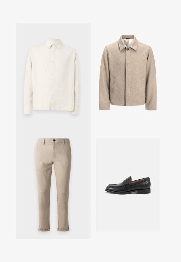 Beige villatakki, jossa on yksi musta nappi kauluksessa, piilotettu etusulku ja viistot sivutaskut, vuorattu kevyellä kankaalla.; Harmaan beige pitkähihaisessa paidassa on teksturoitu kangas. Siinä on kauluspainike ja suora helma.; Vaaleansininen lyhythihainen t-paita, jossa on pyöreä kaula-auko. Kangas vaikuttaa pehmeältä, sileäpintaiselta ja siinä on minimaalista ommeltua yksityiskohtaa.; Jack & Jones JPSTMARCO FURY - Chinot - atmosphere; Mustat nahkaloaferit, joissa on sileä pinta, pyöreä varvas ja koristeompeleet varpaansuojassa. Matala pinottu korko ja hieno kiilto.