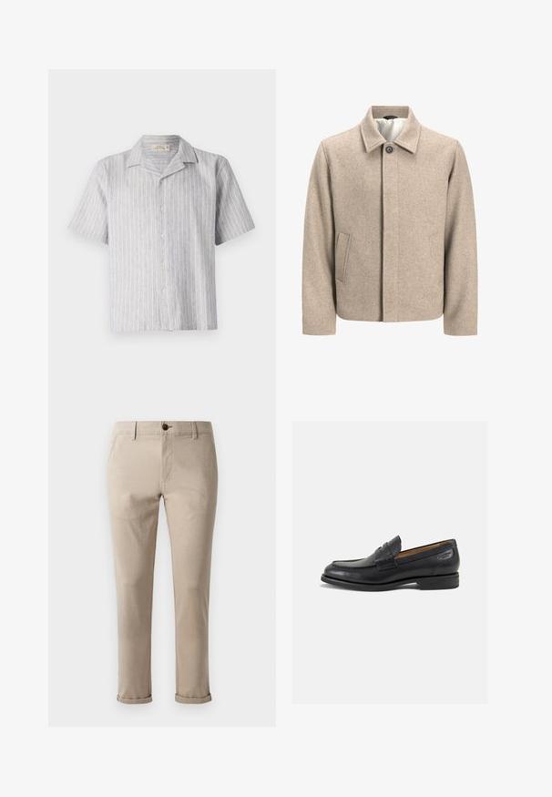 Μπεζ μάλλινο σακάκι με ένα μόνο μαύρο κουμπί στον γιακά, κρυφή μπροστινή σφράγιση και λοξά πλάγια τσέπες, επενδυμένο με ελαφρύ ύφασμα.; Κοντομάνικο πουκάμισο με κουμπιά από λινό σε ανοιχτό μπλε και λευκές ρίγες. Διαθέτει κλασικό γιακά και ίσιο στρίφωμα, με πέντε κουμπιά μπροστά.; Jack & Jones JPSTMARCO FURY - Chinos - atmosphere; Μαύρα δερμάτινα loafers με λείο φινίρισμα, στρογγυλή μύτη και διακοσμητική ραφή στη μπροστινή πλευρά. Χαμηλός σωρός και ελαφριά γυαλάδα.