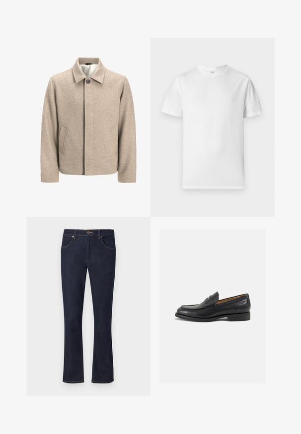 Béžová vlněná bunda s jedním černým knoflíkem na límci, skrytým předním zapínáním a šikmými bočními kapsami, podšívkou z lehkého materiálu.; Bílý krátký rukáv tričko vyrobené z měkké bavlny. Má kulatý výstřih a rovný lem s minimem detailů.; Tmavě modré rozšířené džíny vyrobené z denimu, se dvěma předními kapsami a zapínáním na knoflík. Obsahují kontrastní prošívání podél švů.; Černé kožené mokasíny s hladkým povrchem, zaoblenou špičkou a dekorativním prošíváním na svršku. Nízký podpatka a mírný lesk.
