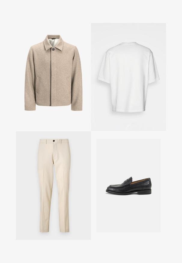 Kreem värvi villane jakk, millel on kaeluses üks must nööp, peidetud esine sulgemine ja kaldus küljetaskud, kaetud kerge kangaga.; Valge, lühikeste varrukatega t-särk, ümmarguse kaelusega, valmistatud puuvillast. Lihtne disain, ilma mustrite või aksentideta, vaadeldav tagantpoolt.; Beige kohandatud püksid siledast materjalist, millel on ees nupuga sulgemine, lame esikülg ja sirged sääred. Taskuid ei ole nähtaval.; Mustad mustad nahast loafers, sujuva viimistlusega, ümar sirge ja dekoratiivne tikand peal. Madal ja kergelt kuhjatud konts ning kerge läige.