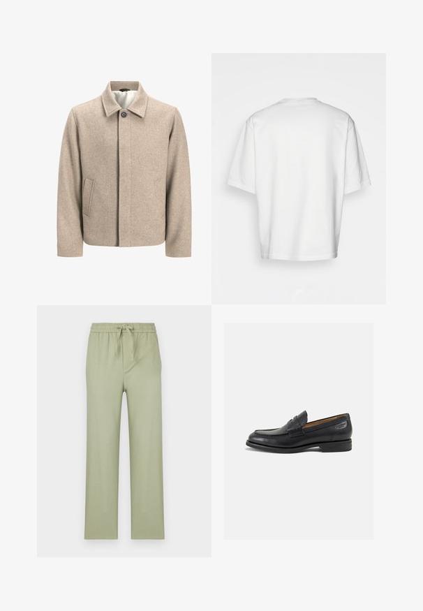 Veste en laine beige avec un seul bouton noir au col, fermeture frontale dissimulée et poches latérales en biais, doublée d'un tissu léger.; T-shirt blanc à manches courtes avec encolure ronde, fabriqué en coton. Design simple, sans motifs ni accents, vu de dos.; Pantalons en vert olive clair, fabriqués en tissu doux. Dotés d'une taille élastique avec cordon de serrage et de jambes droites à coupe ample.; Mocassins en cuir noir avec une finition lisse, bout rond et coutures décoratives sur la tige. Talon bas empilé et léger brillant.