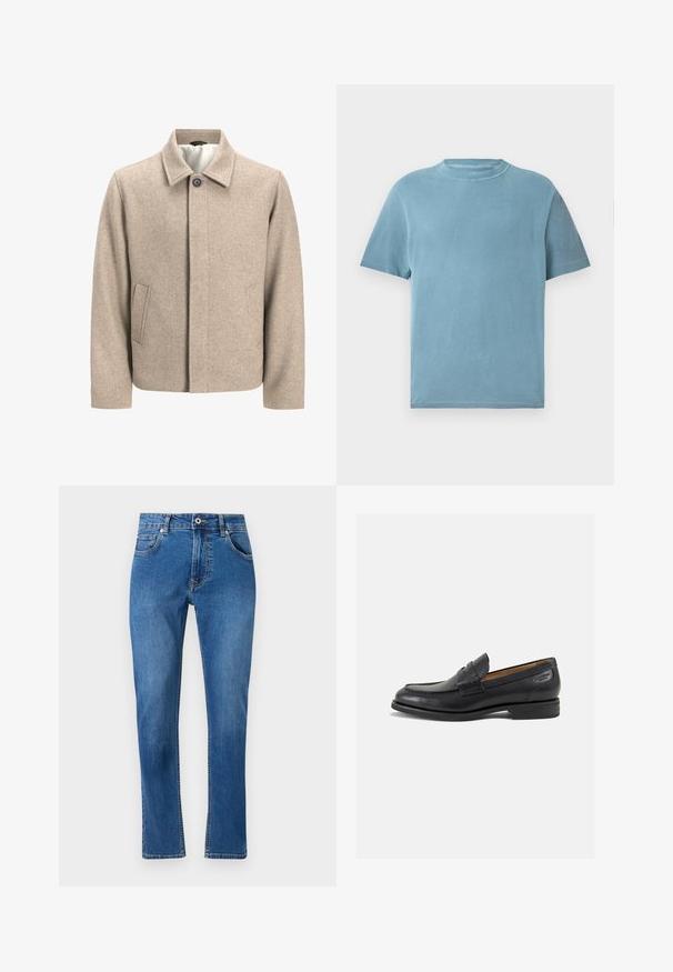 Šviesiai rudos vilnos švarkas su viena juoda kniedėle ant apykaklės, paslėptu priekiu ir šoninėmis kišenėmis, išklotas šviesiu audiniu.; Šviesiai mėlynas medvilninis marškinėliai trumpomis rankovėmis su apvalia iškirpte. Audinys atrodo minkštas, turi lygų paviršių ir minimalų siuvimo detalių kiekį.; Mėlynos džinsinės kelnės su tiesiu fasonu, penkiomis kišenėmis ir matomais siuvinėjimo detalėmis. Medžiaga turi šviesų išblukimą. Klasikinis stilius.; Juodi odiniai loafersai su lygiu paviršiumi, apvaliu pirštu ir dekoratyvine siūlė viršuje. Žemas sustiprintas kulnas ir lengvas blizgesys.