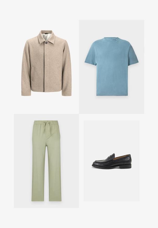 Kreem värvi villane jakk, millel on kaeluses üks must nööp, peidetud esine sulgemine ja kaldus küljetaskud, kaetud kerge kangaga.; Lühikeste varrukatega, ümmarguse kaelusega T-särk helesinisest puuvillast. Kanga peal on pehme tunne, sile tekstuur ja minimaalne õmblustetail.; Kerged heledas oliivrohelises värvitoonis, valmistatud pehmest kangast. Omab elastset vööd, millel on pael ja sirged vabalt langevad jalad.; Mustad mustad nahast loafers, sujuva viimistlusega, ümar sirge ja dekoratiivne tikand peal. Madal ja kergelt kuhjatud konts ning kerge läige.