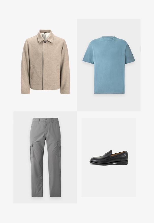 Veste en laine beige avec un seul bouton noir au col, fermeture frontale dissimulée et poches latérales en biais, doublée d'un tissu léger.; T-shirt à manches courtes et col rond en coton bleu clair. Le tissu semble doux avec une texture lisse et des coutures minimales.; Jack & Jones JPSTKARL KURTIS SNAP TECH - Pantalon cargo - castle rock; Mocassins en cuir noir avec une finition lisse, bout rond et coutures décoratives sur la tige. Talon bas empilé et léger brillant.