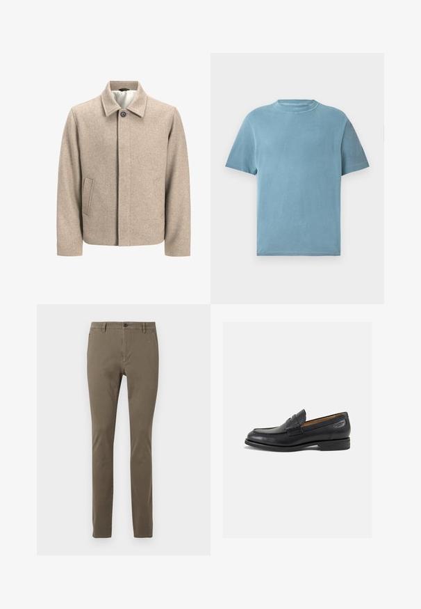 Beige ulljacka med en svart knapp vid kragen, dold framknäppning och snedställda sidofickor, fodrad med lätt tyg.; Kortärmad t-shirt med rund halsringning i ljusblå bomull. Tygmaterialet verkar mjukt med en jämn struktur och minimala sömnadsdetaljer.; Slim-fit kakifärgade byxor med bältesöglor, framknapp, dragkedjestängning och sidofickor, visade på en vit bakgrund.; Svarta läder loafers med en slät ytfinish, rund tå och dekorativ sömnad på vampen. Låg staplad klack och lätt glans.